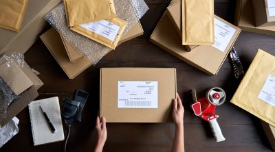 Top view of female warehouse worker packing shipping order box for dispatching. Above table top view of female warehouse worker or seller packing ecommerce shipping order box for dispatching, preparing post courier delivery package, dropshipping shipment service concept.